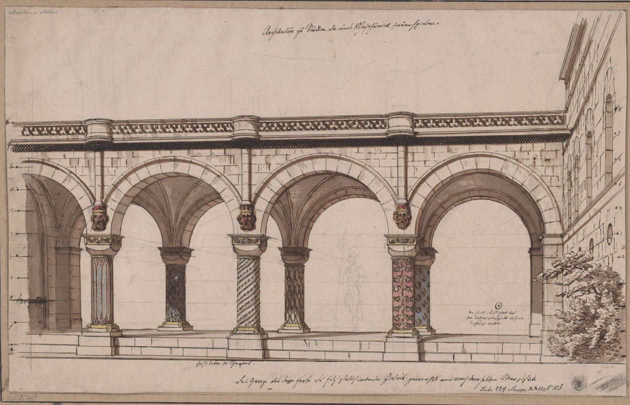 Ariodant. Opera di Étienne Nicolas Méhul. Progetto per la 1ª scenografia. Passaggio ad arcate / Una galleria da Karl Friedrich Schinkel