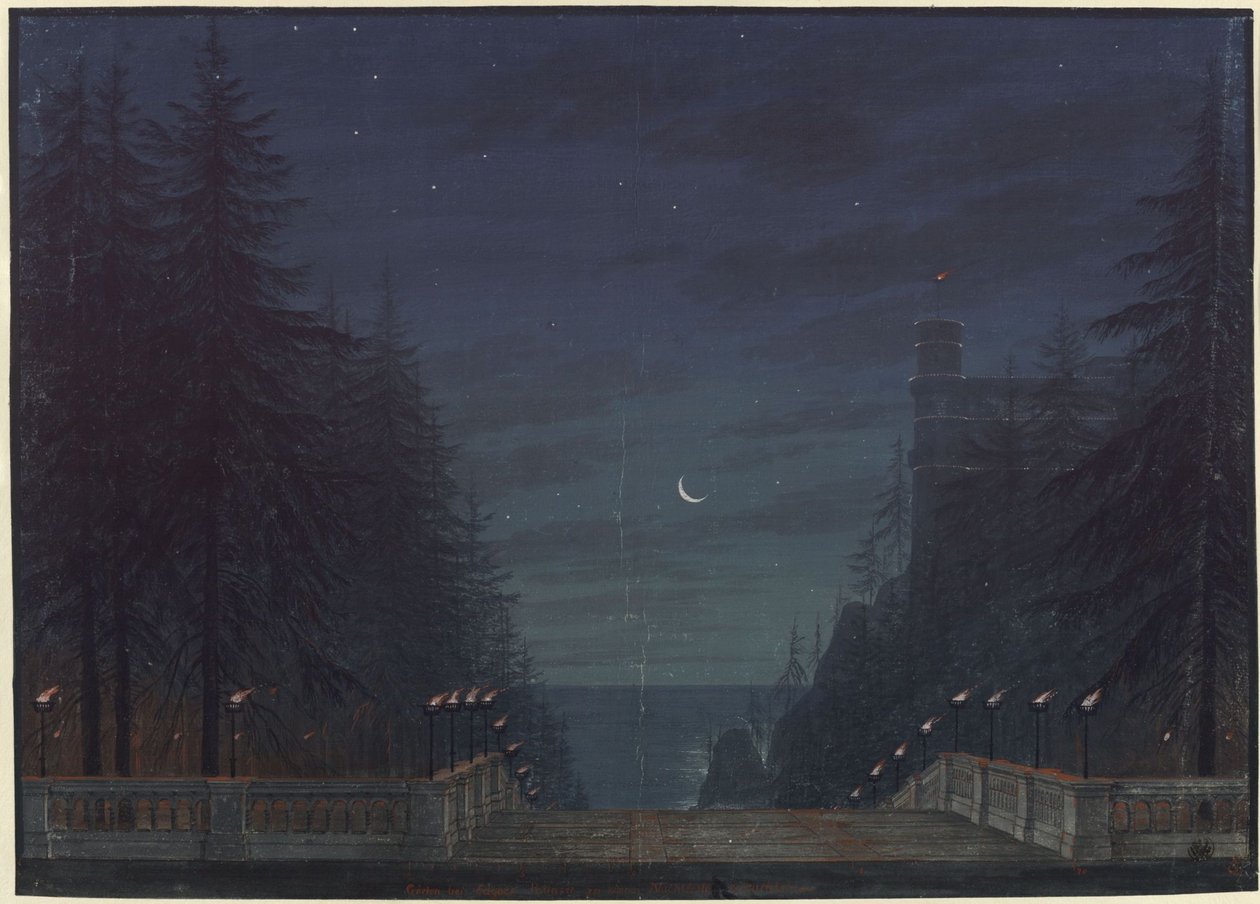 Ariodan. Opera di Étienne Nicolas Méhul. Bozzetto per la seconda scenografia. Giardino presso il palazzo di Edgar da Karl Friedrich Schinkel