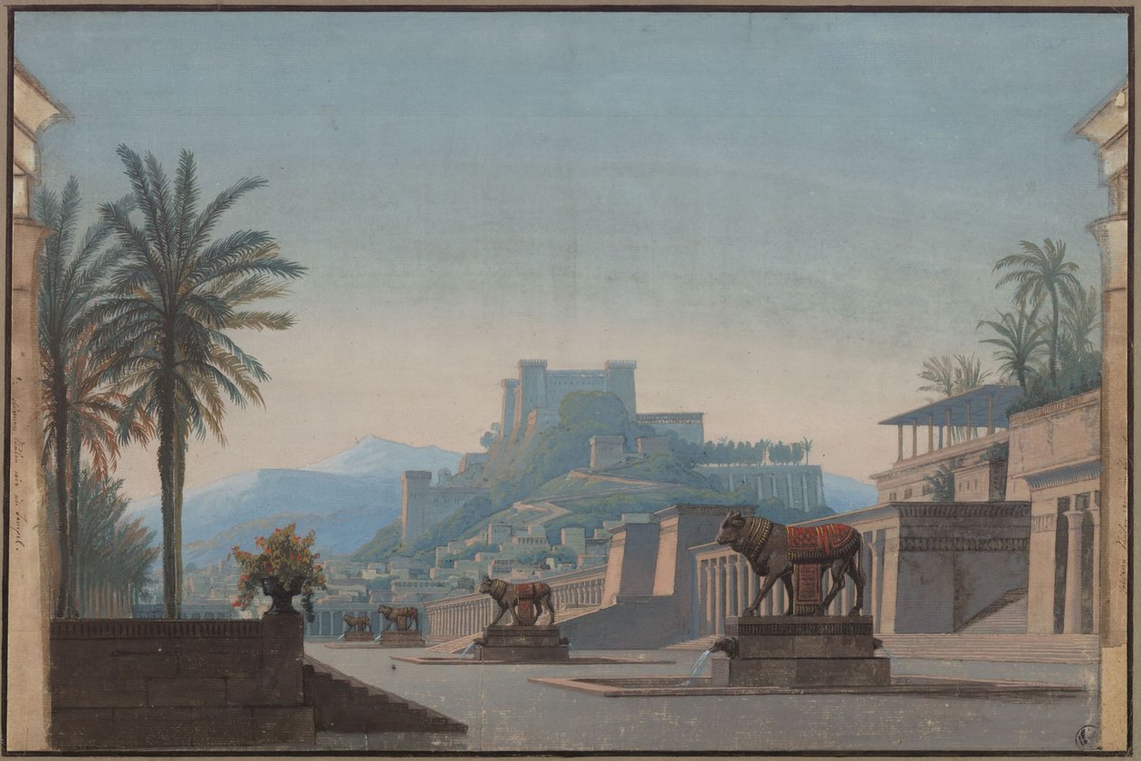 Athalia. Opera di Johann Nepomuk von Poissl. Bozzetto per la prima scenografia. Veduta di Gerusalemme e del castello di Sion da Karl Friedrich Schinkel