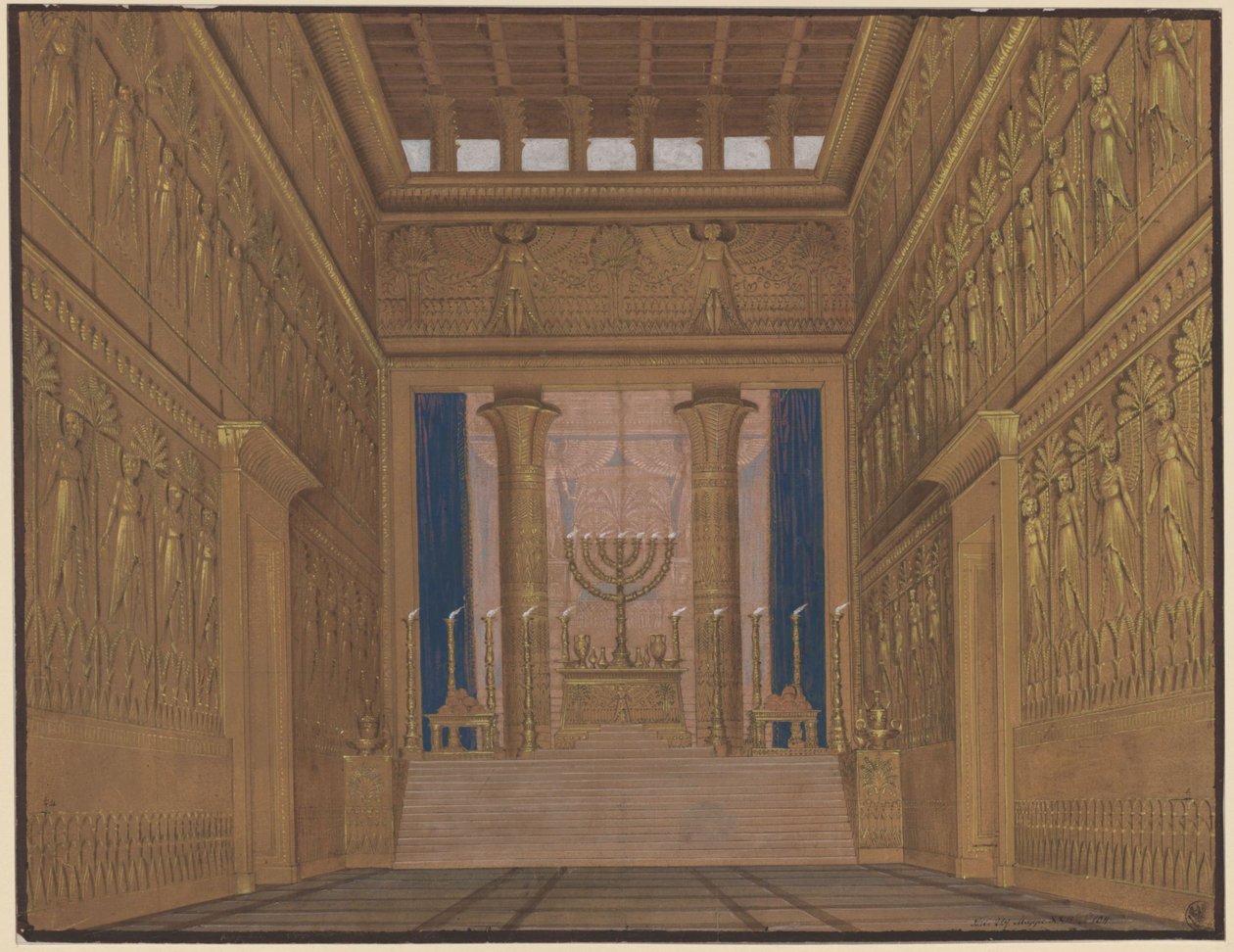 Athalia. Opera di Johann Nepomuk von Poissl. Progetto per la 2ª scenografia. Veduta interna del Tempio di Gerusalemme da Karl Friedrich Schinkel
