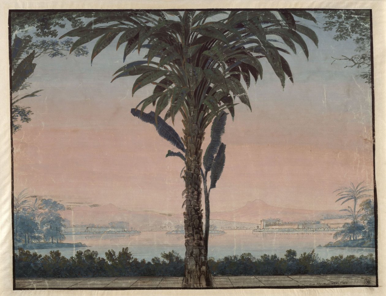 Athalia. Opera di Johann Nepomuk von Poissl. Bozzetto per la quarta scenografia. Giardino del sommo sacerdote con una grande palma davanti a uno specchio d’acqua da Karl Friedrich Schinkel