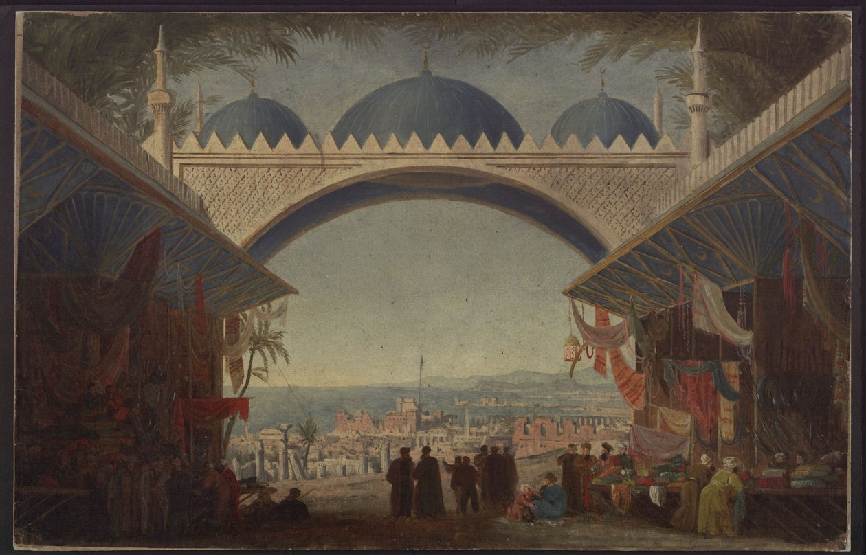 Aucassin e Nicolette. Opera di Georg Abraham Schneider. Bozzetto per la quinta scenografia. Bazar a Tunisi da Karl Friedrich Schinkel