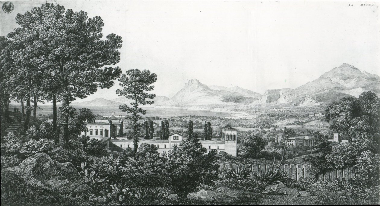 "Vista dal palazzo del principe Valguarnera su una parte della Bagaria, nei pressi di Palermo, e sul Golfo di Cefalù" da Karl Friedrich Schinkel