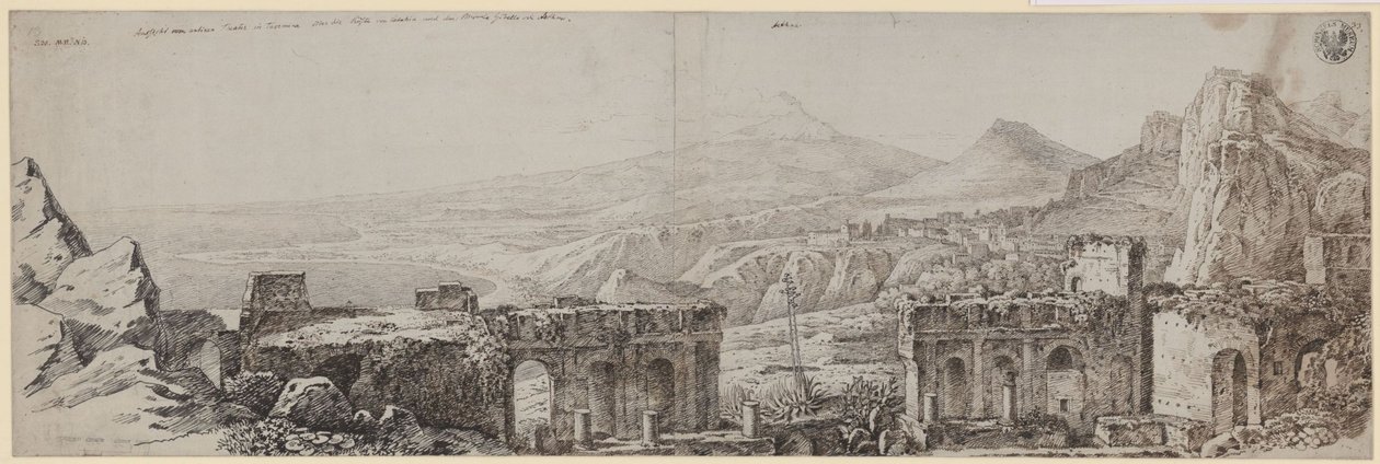 «Veduta dal teatro antico di Taormina sulla costa di Catania e sul Monte Gibello o Etna» da Karl Friedrich Schinkel