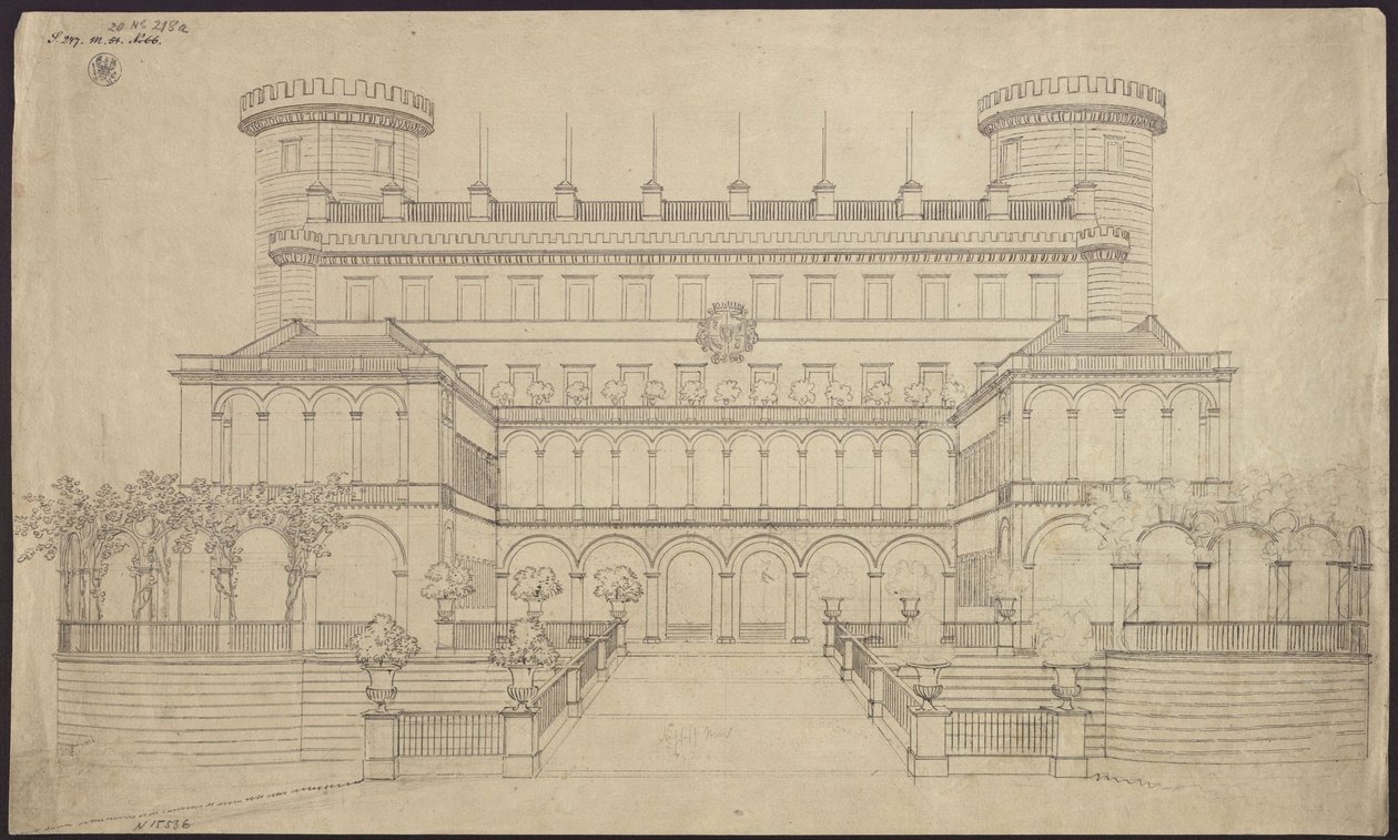 Bad Muskau. Castello. Prima proposta di ristrutturazione. Prospetto del lato sud da Karl Friedrich Schinkel