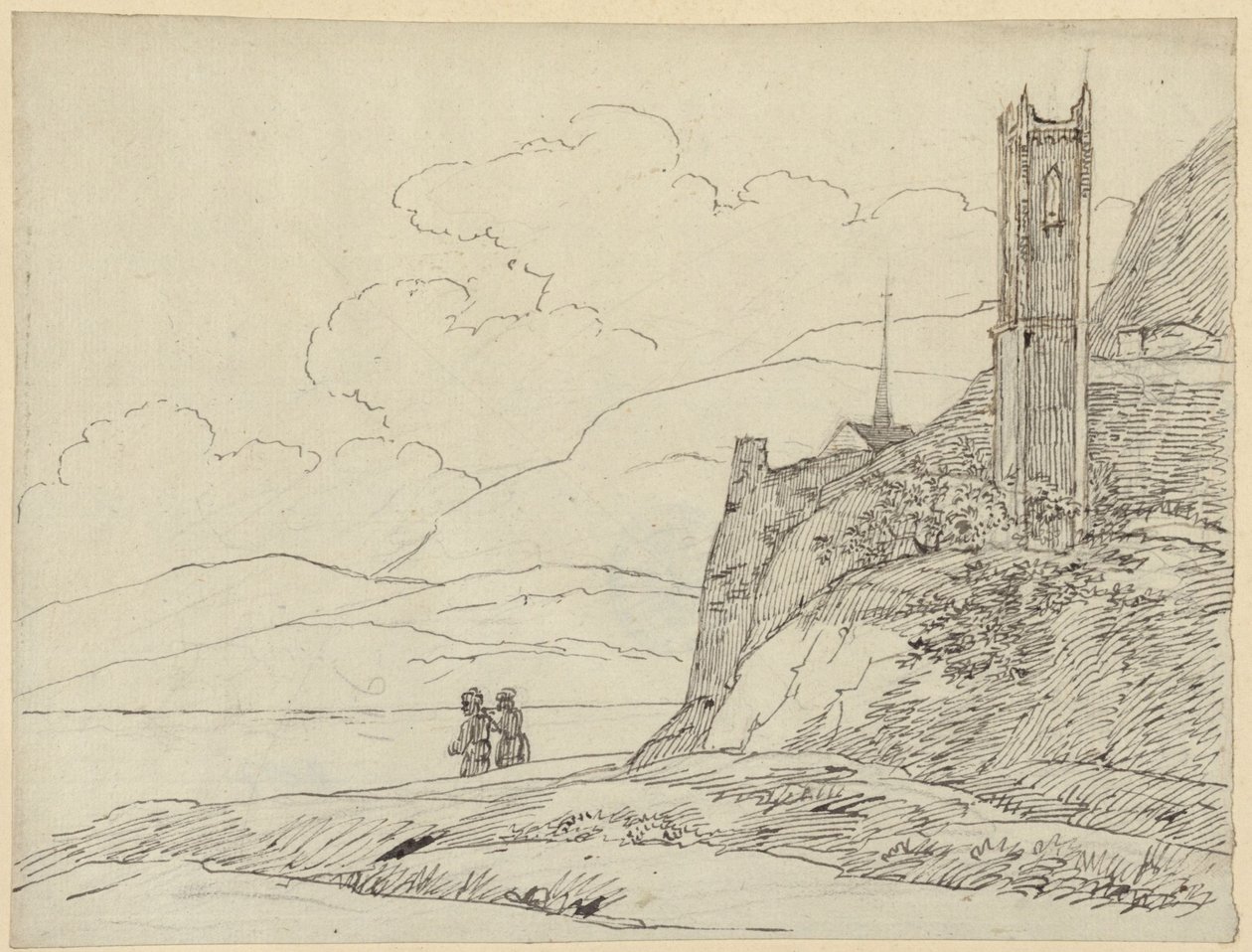Paesaggio montano con rovine di torre e figure da Karl Friedrich Schinkel