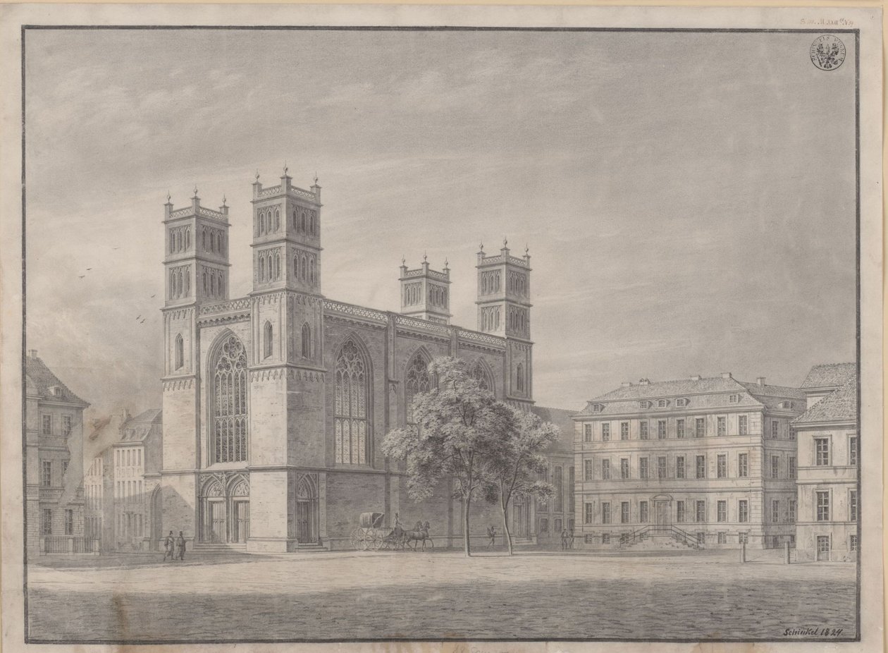 Berlino. Chiesa di Friedrichswerder. Prospettiva e variante con quattro torri angolari da Karl Friedrich Schinkel
