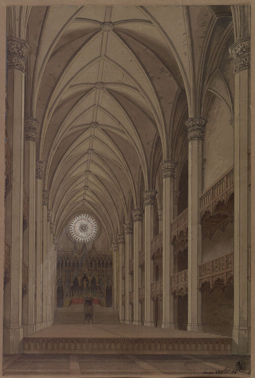 Berlino. Chiesa di San Pietro. Progetto di ricostruzione in stile gotico. Vista interna con scorcio sull