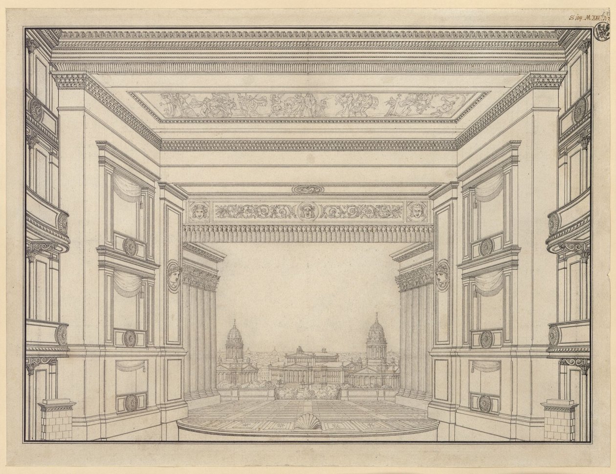 Berlino. Teatro Schauspielhaus sul Gendarmenmarkt, palcoscenico da Karl Friedrich Schinkel