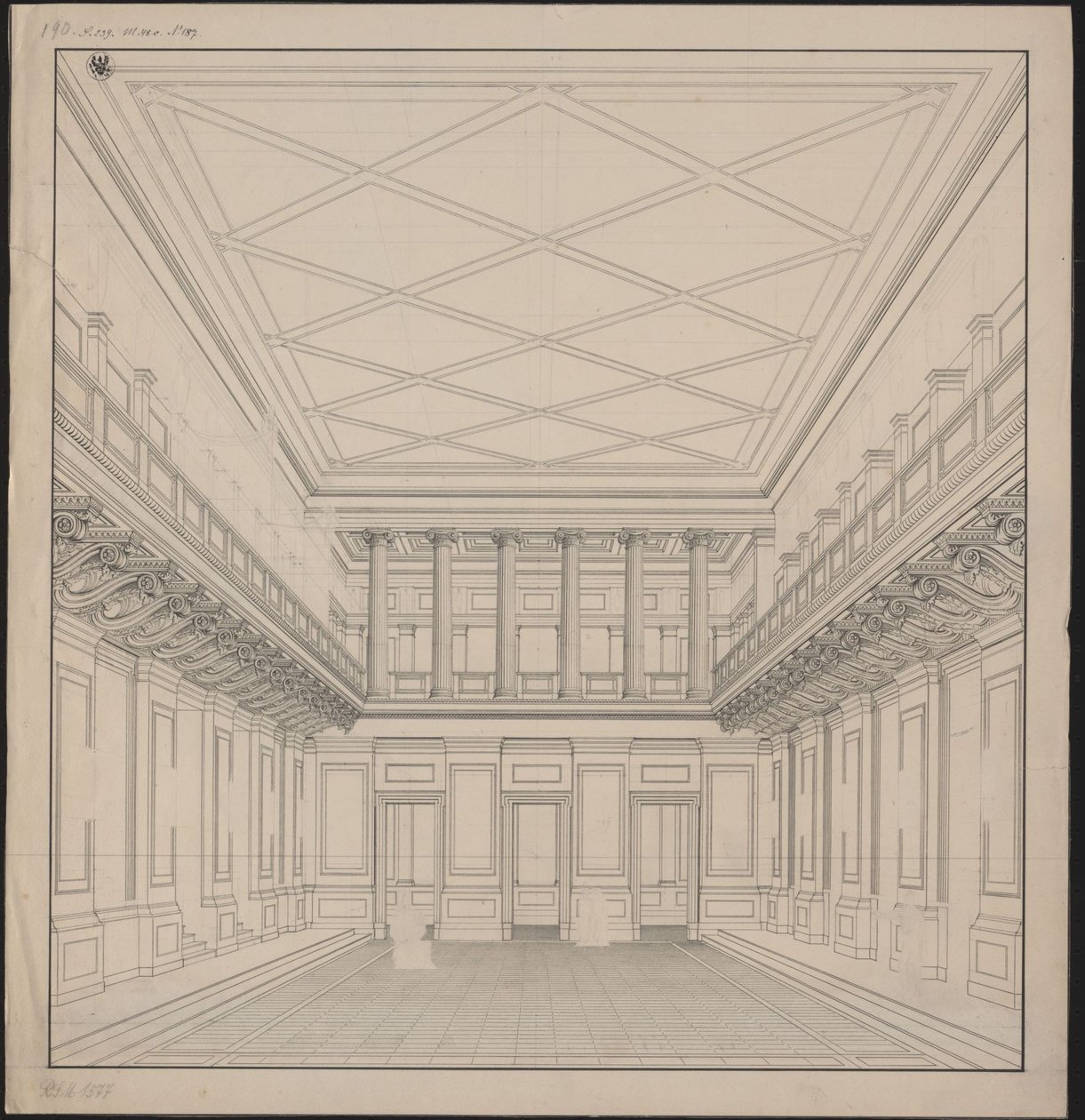 Berlino. Schauspielhaus sul Gendarmenmarkt, sala da concerto. Veduta da Karl Friedrich Schinkel