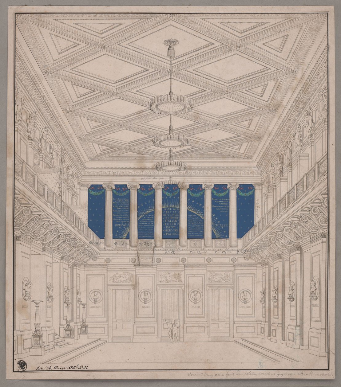 Berlino. Teatro Schauspielhaus sul Gendarmenmarkt, sala concerti.  Allestimento per la Festa dei naturalisti da Karl Friedrich Schinkel