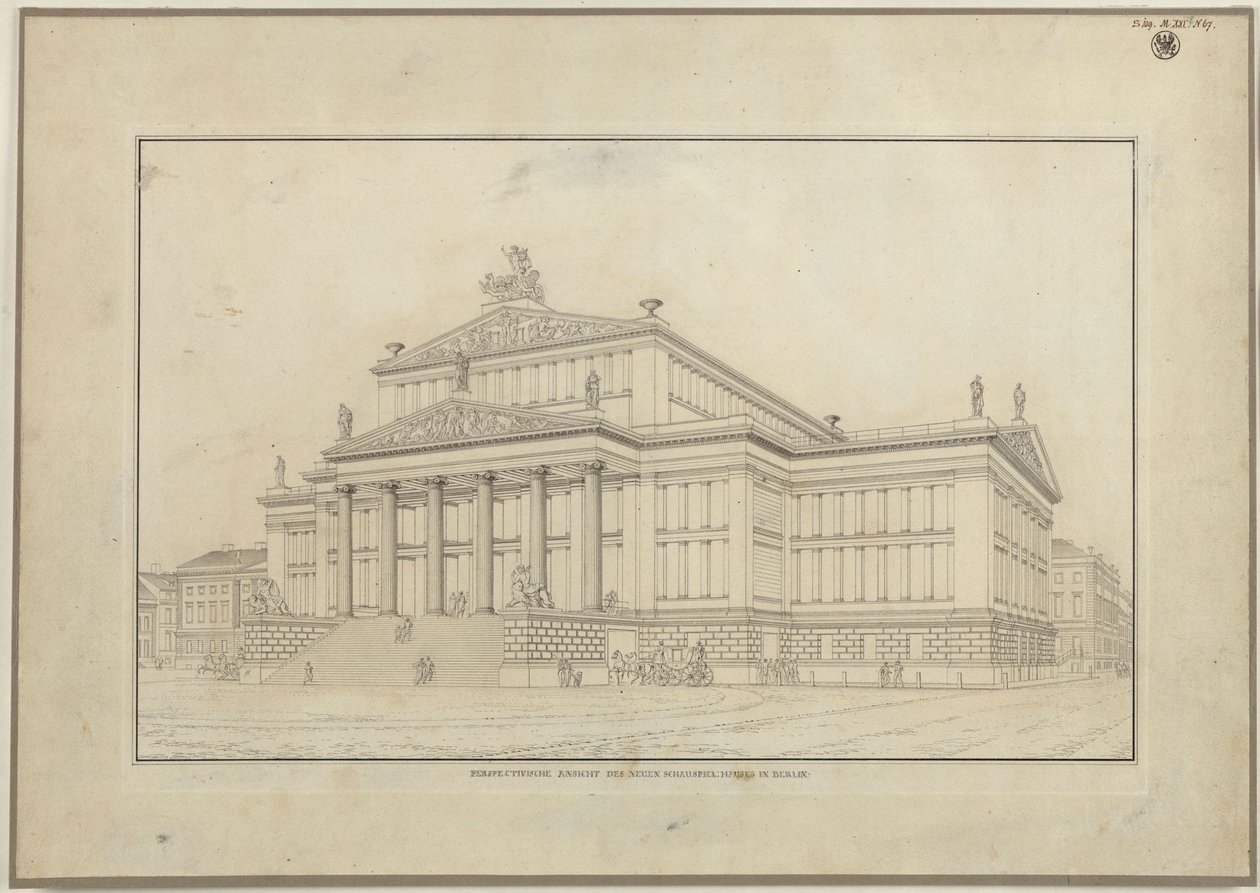 Berlino. Teatro di prosa sul Gendarmenmarkt. Veduta prospettica della facciata da Karl Friedrich Schinkel