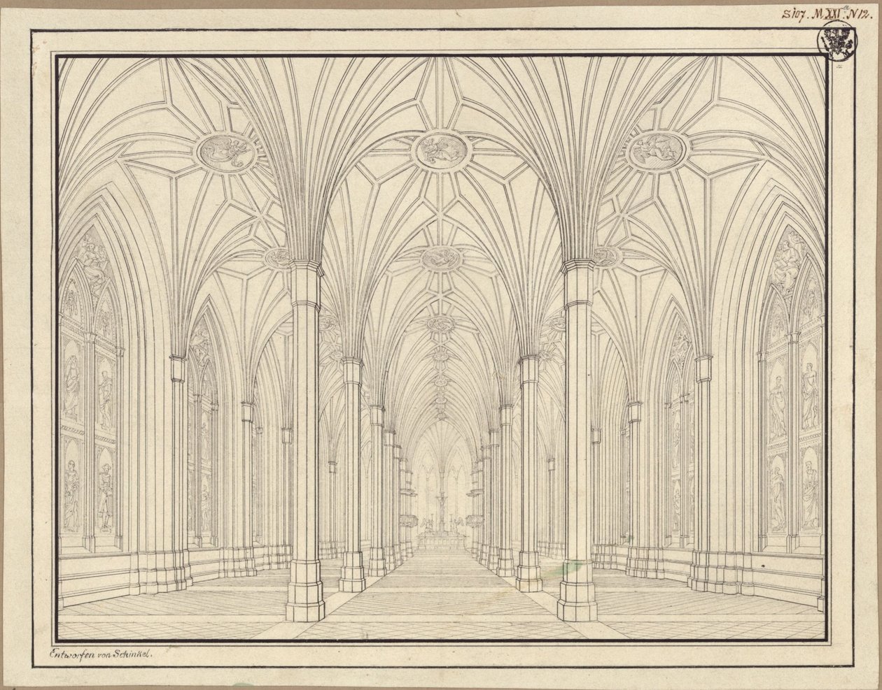 Berlino, Spittelmarkt. Progetto per la chiesa di Santa Gertrude. Veduta interna, attraverso la navata verso il coro da Karl Friedrich Schinkel