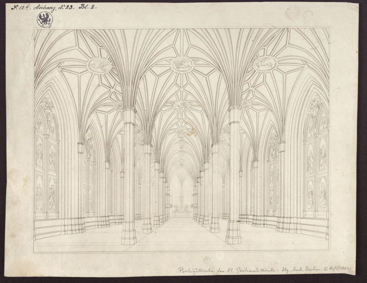 Berlino, Spittelmarkt. Progetto per la chiesa di Santa Gertrude. Veduta interna, vista attraverso la navata verso il coro da Karl Friedrich Schinkel