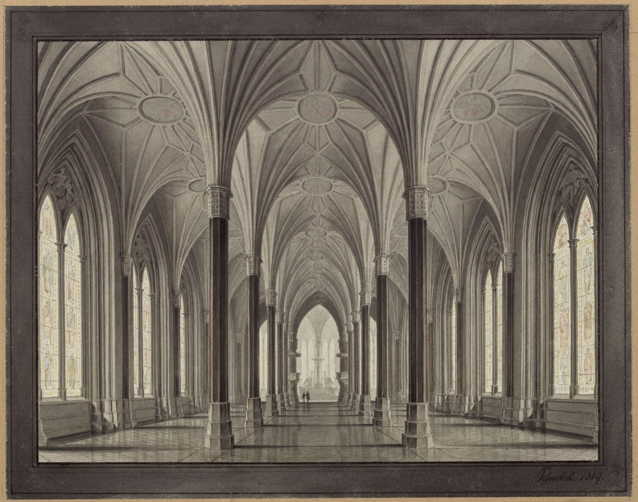 Berlino, Spittelmarkt. Progetto per la chiesa di Santa Gertrude. Veduta interna, attraverso la navata verso il coro da Karl Friedrich Schinkel