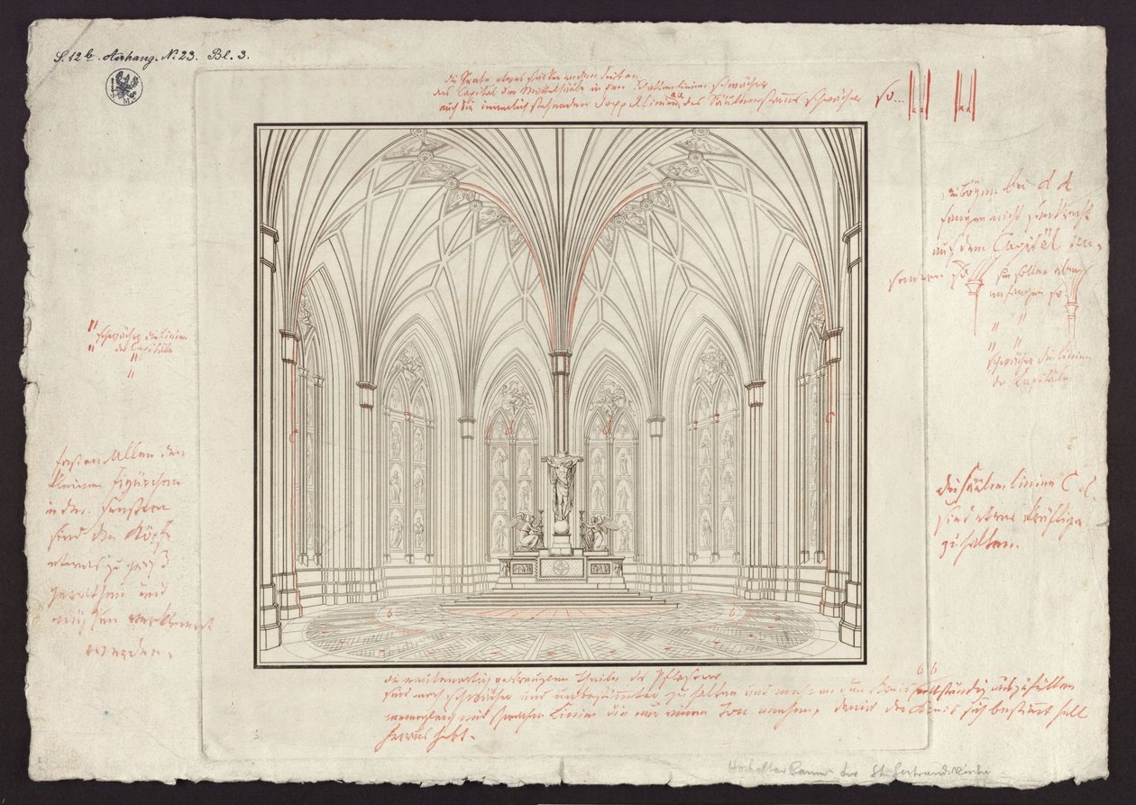 Berlino, Spittelmarkt. Progetto per la chiesa di Santa Gertrude. Veduta interna del coro, con correzioni da Karl Friedrich Schinkel