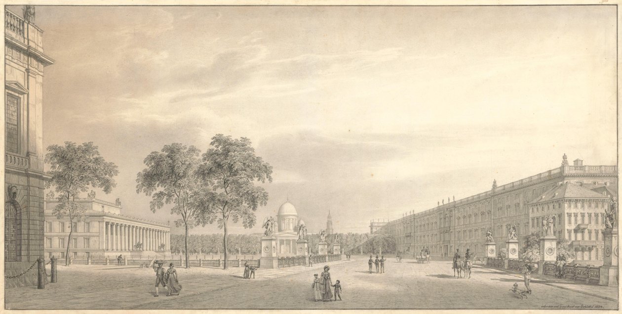 Berlino, Unter den Linden. Vista del Lustgarten con il ponte del castello, l’Altes Museum, il Duomo e il castello da Karl Friedrich Schinkel