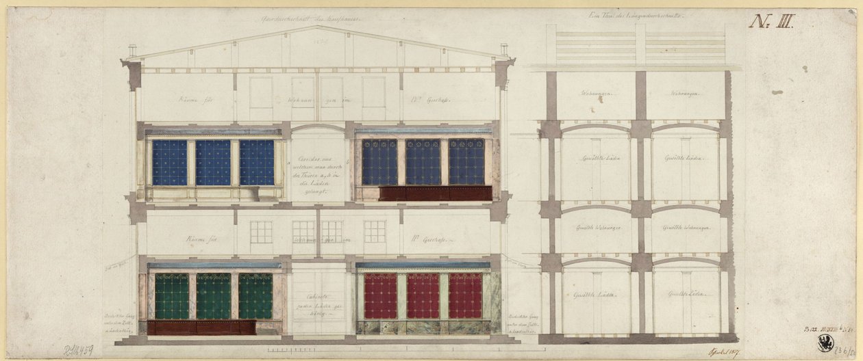 Berlino, Unter den Linden. Progetto per un grande magazzino. Due sezioni da Karl Friedrich Schinkel