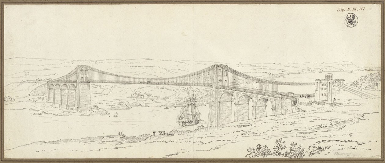 Veduta del ponte sospeso sullo stretto di Menai presso Bangor in Galles da Karl Friedrich Schinkel