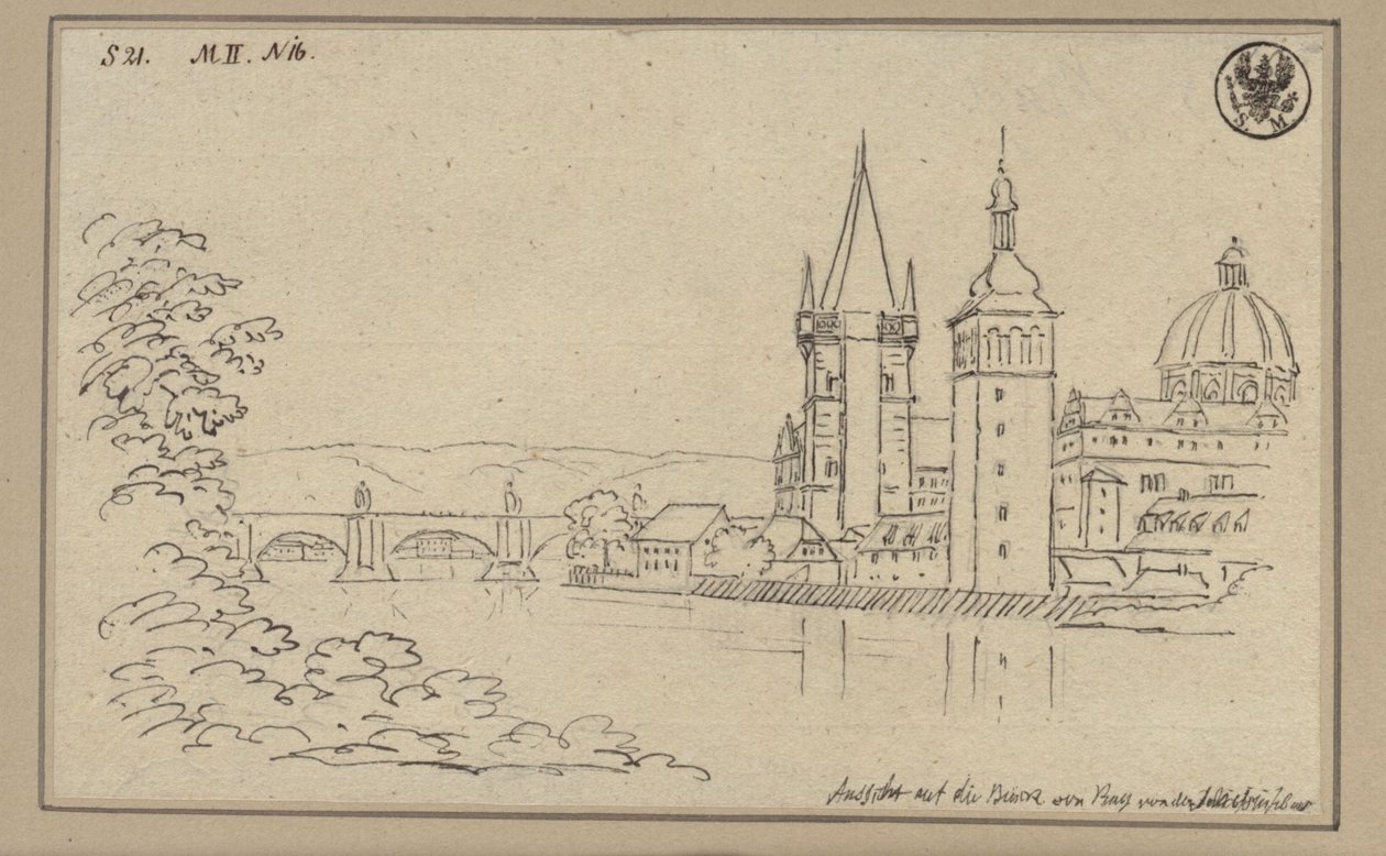 Vista sul Ponte di Carlo a Praga con la torre del ponte della Città Vecchia e la cupola della Chiesa dei Cavalieri di Santa Croce da Karl Friedrich Schinkel
