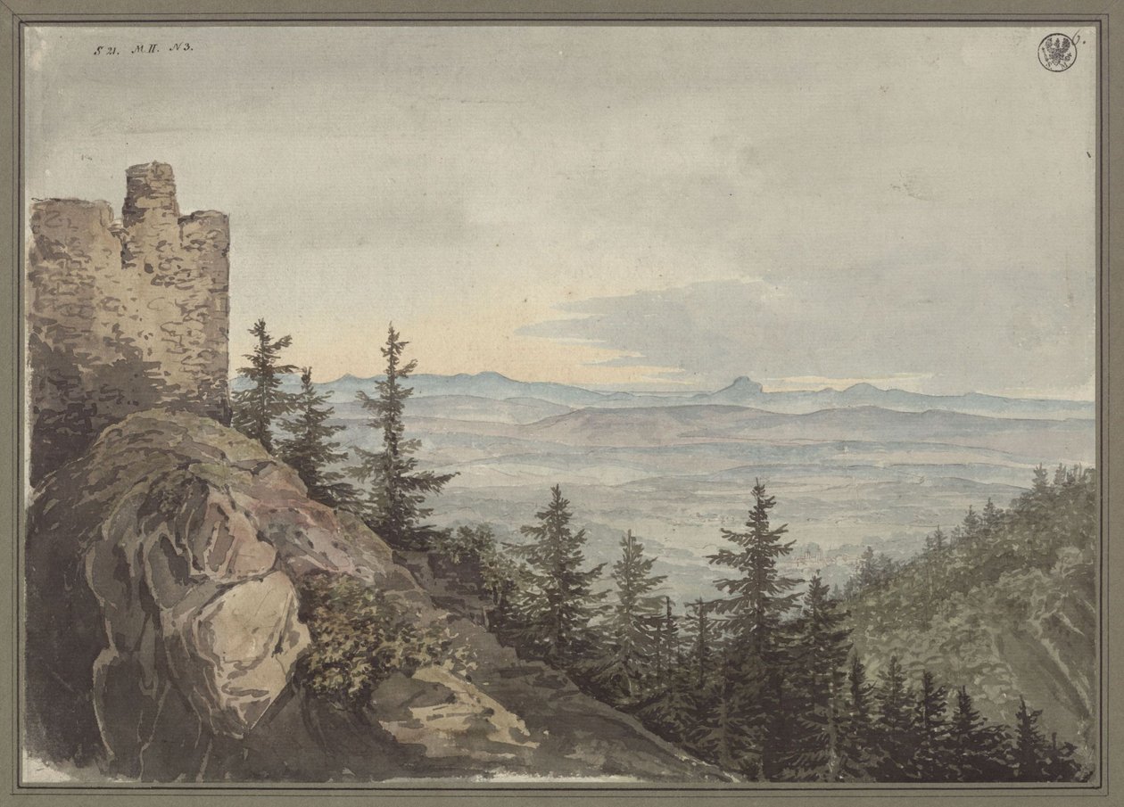 Veduta dalle rovine di Geiersburg sulla pianura di Teplitz con il monastero di Maria Schein, sullo sfondo i monti della Boemia da Karl Friedrich Schinkel