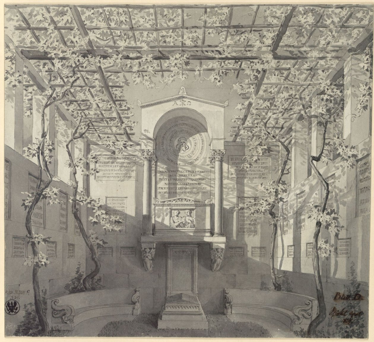 Bonn. Progetto per il monumento funebre dedicato a Barthold Georg Niebuhr, con pergola da Karl Friedrich Schinkel