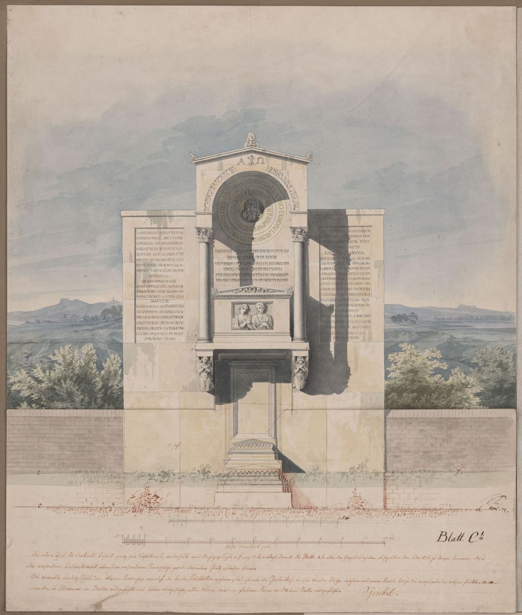 Bonn. Progetto per il monumento funebre di Barthold Georg Niebuhr, con ritratto a rilievo della coppia da Karl Friedrich Schinkel