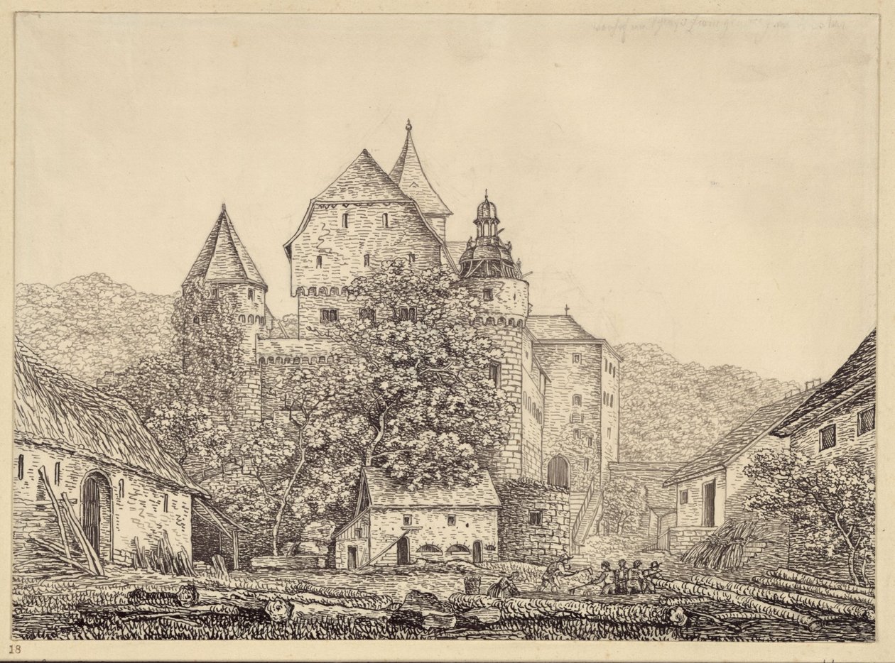 Gruppo di edifici simili a un castello in un paesaggio montano da Karl Friedrich Schinkel