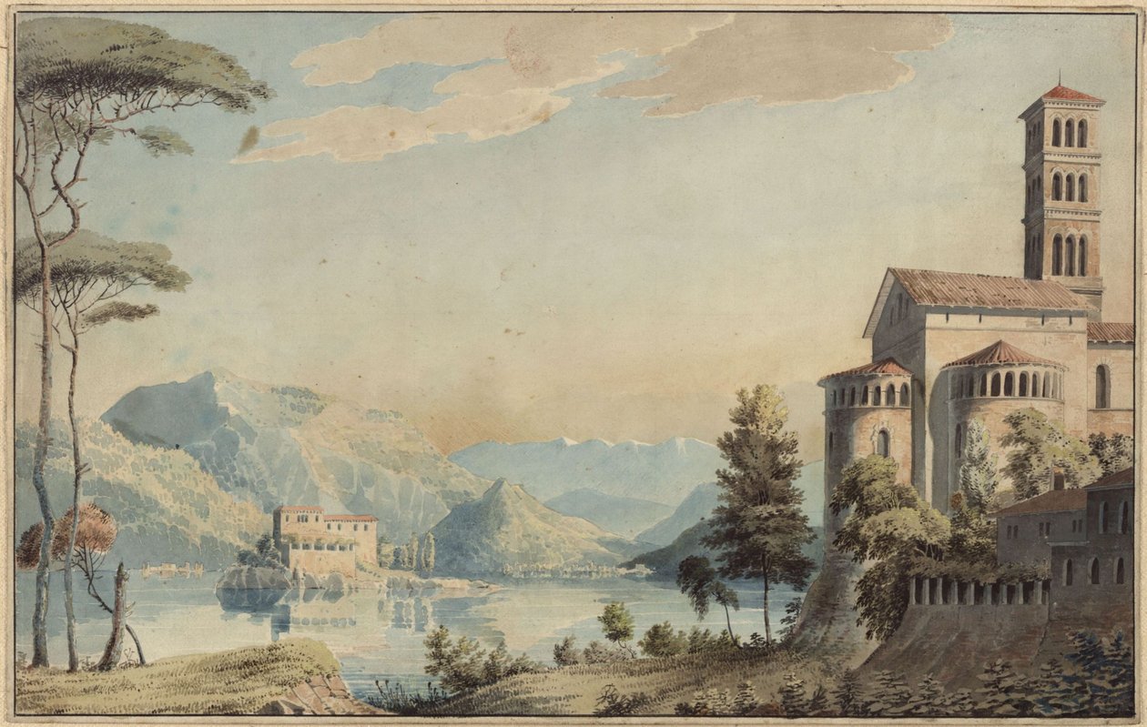 Decorazione per uso generale. Paesaggio con lago e chiesa da Karl Friedrich Schinkel