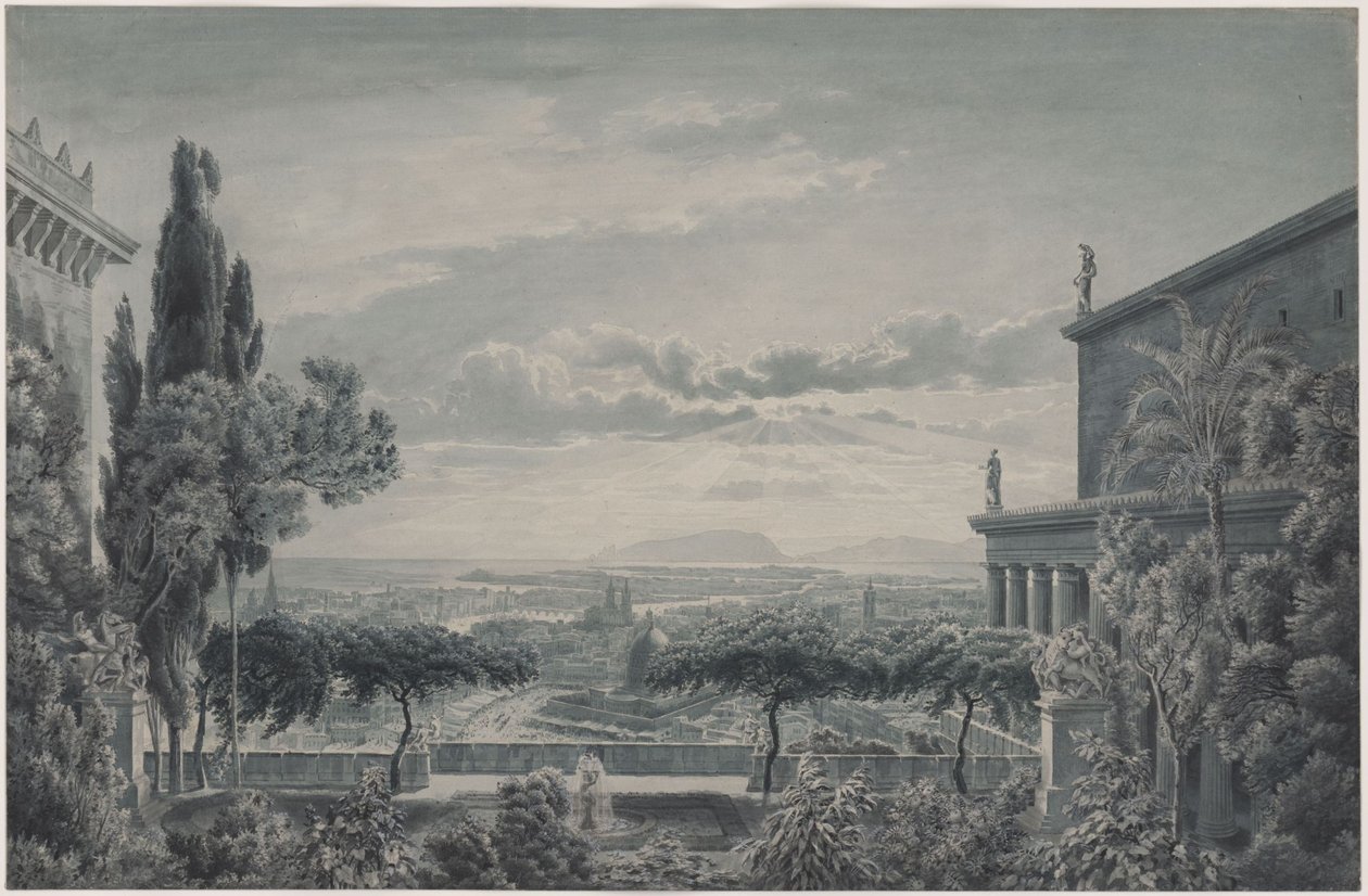 La residenza di un principe. Giardino privato della coppia principesca con vista sulla città e sul mare da Karl Friedrich Schinkel