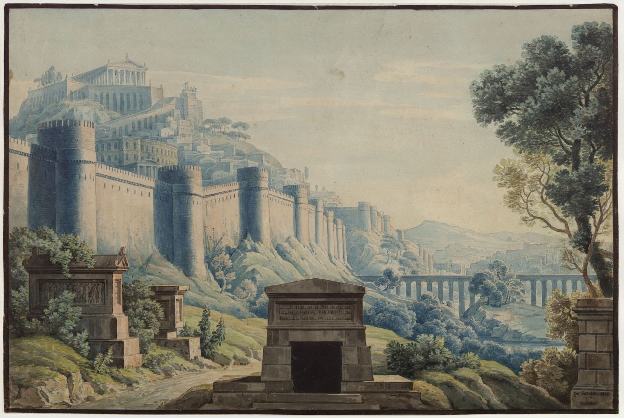 La Vestale. Opera di Gaspare Spontini. Bozzetto per la terza scenografia. Città in stile antico su una montagna, circondata da alte mura da Karl Friedrich Schinkel