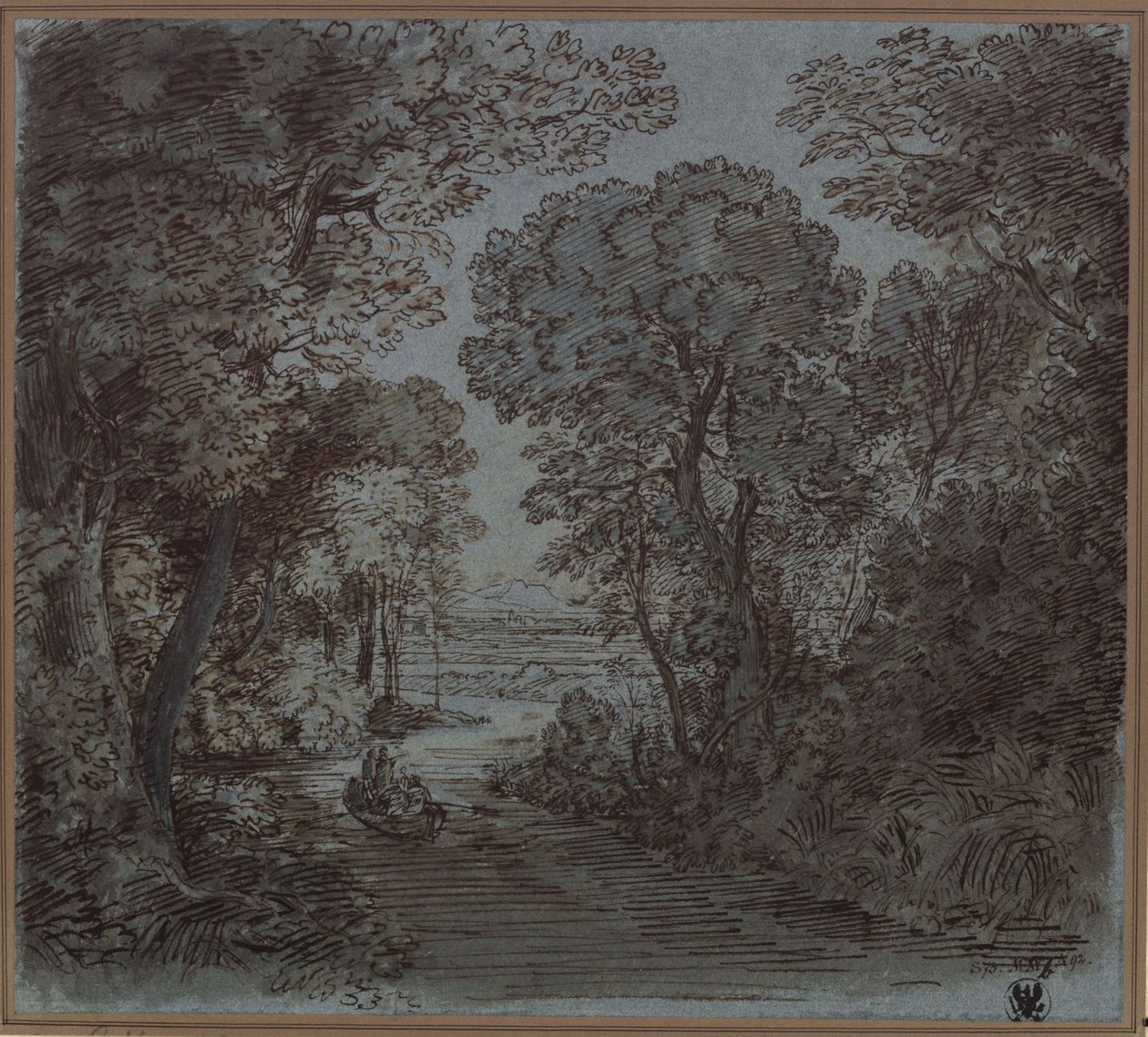 Un fiume sotto gli alberi con vista su una montagna in lontananza da Karl Friedrich Schinkel