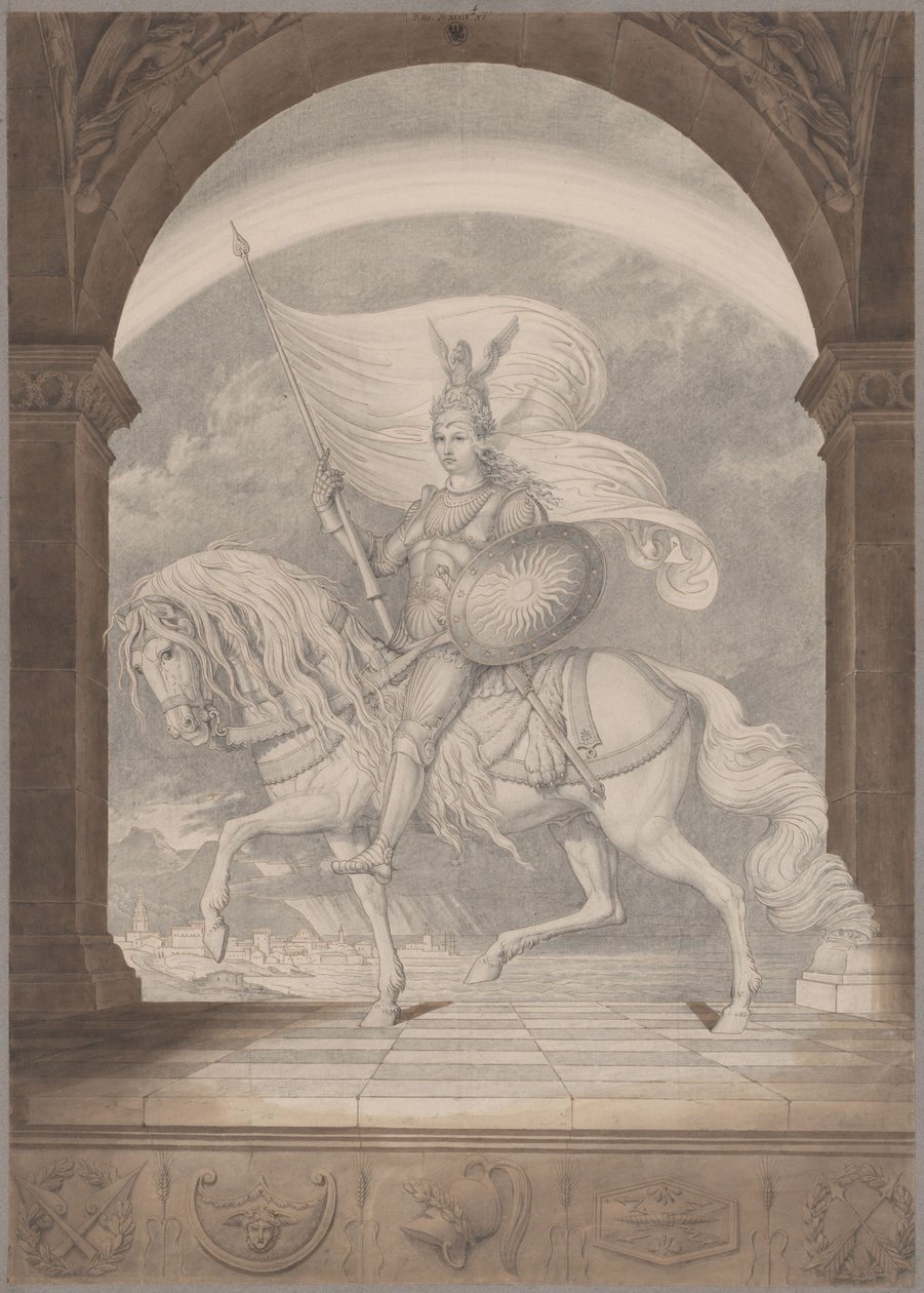 Un cavaliere a cavallo in armatura completa / Il genio della Prussia come cavaliere da Karl Friedrich Schinkel