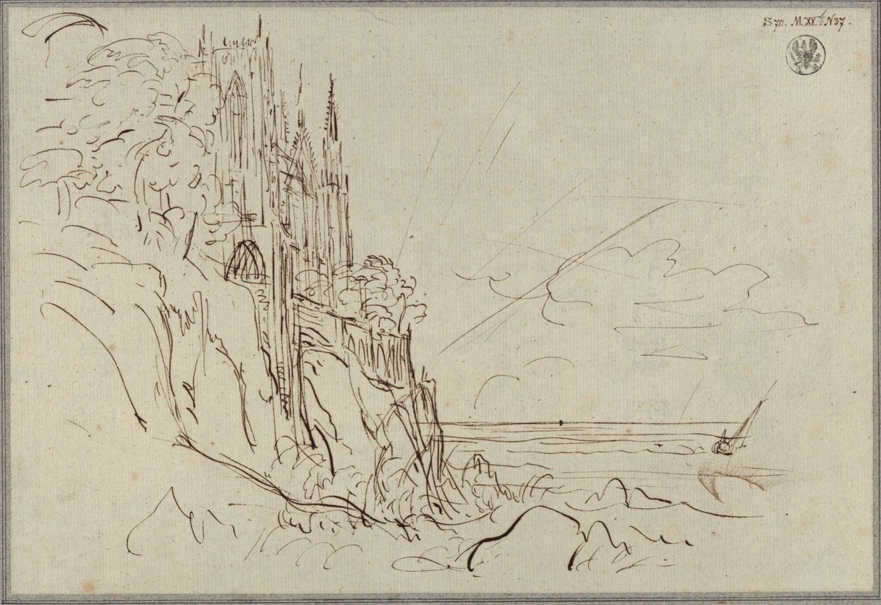 Una chiesa gotica su una ripida costa marina davanti al sole nascente da Karl Friedrich Schinkel