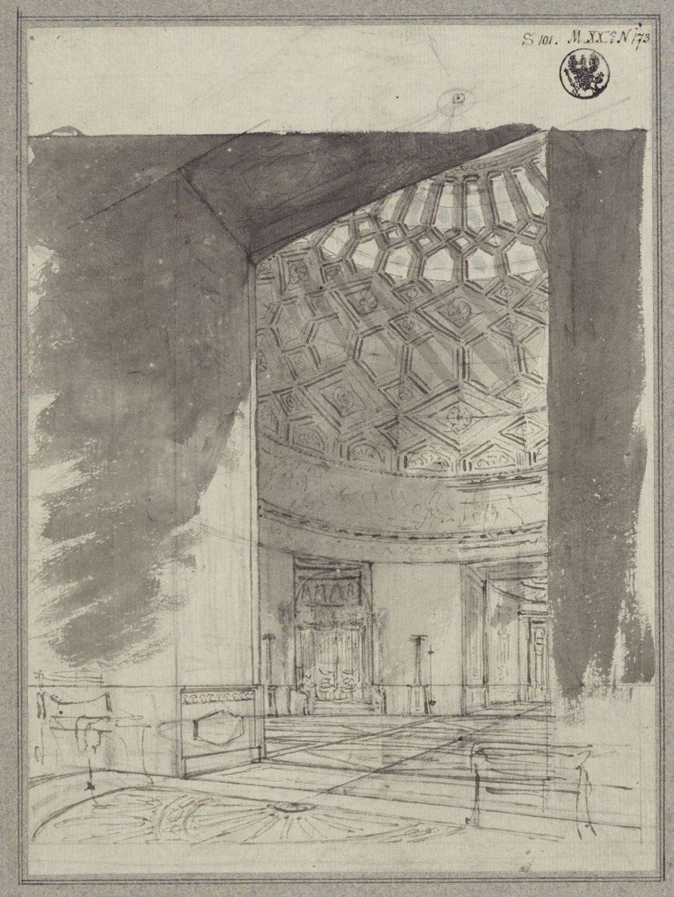 Casa di campagna in stile inglese. Vista della sala con cupola a cassettoni da Karl Friedrich Schinkel