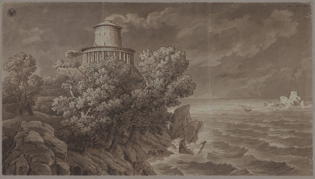Costa marina rocciosa con un faro in stile antico in mare mosso da Karl Friedrich Schinkel