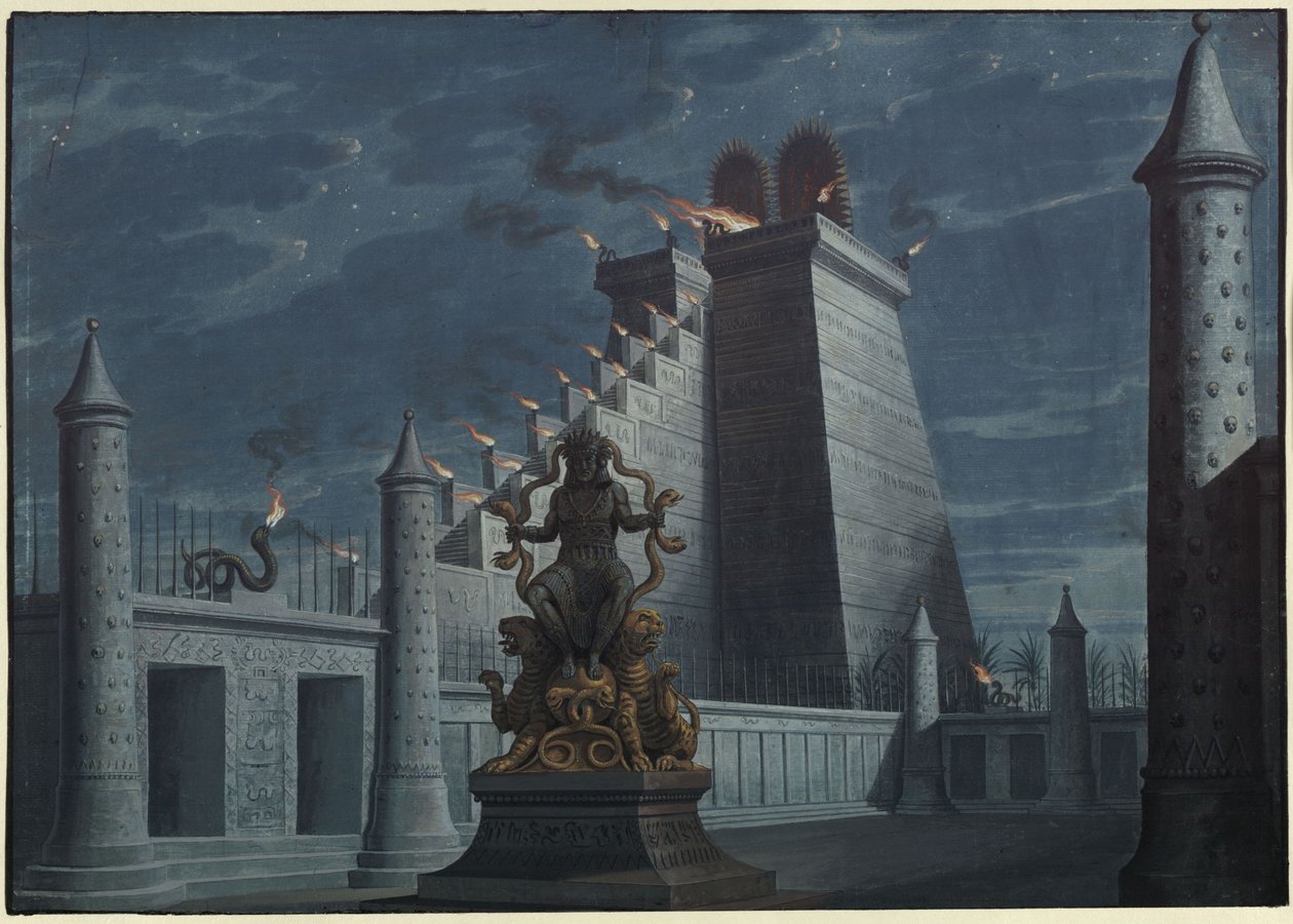 Fernand Cortez, ovvero: La conquista del Messico. Opera di Gaspare Spontini. Bozzetto per la prima scenografia. Tempio del fuoco indiano da Karl Friedrich Schinkel