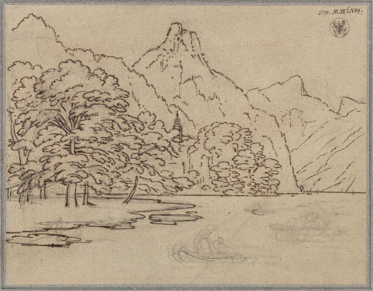 Paesaggio montano con lago, probabilmente il Traunsee con il Kleiner Sonnstein da Karl Friedrich Schinkel
