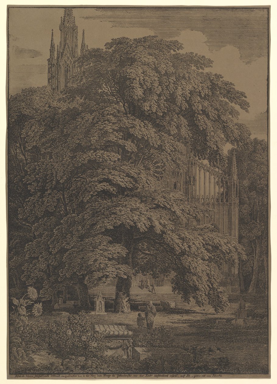 Chiesa gotica nascosta da un albero da Karl Friedrich Schinkel
