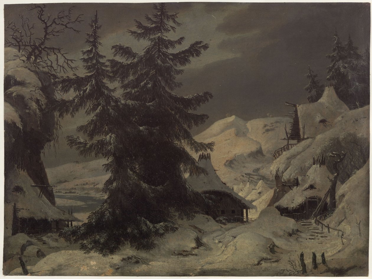 Il conte Benjowski, ovvero La congiura in Kamchatka. Opera teatrale di August von Kotzebue. Bozzetto per la seconda scenografia. Villaggio con paesaggio innevato da Karl Friedrich Schinkel