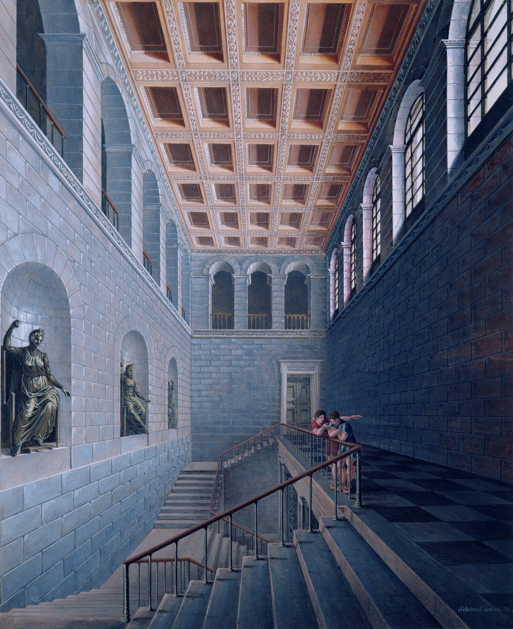 Vista interna di una scala, progetto per un castello a Koestritz, 1802-03 da Karl Friedrich Schinkel