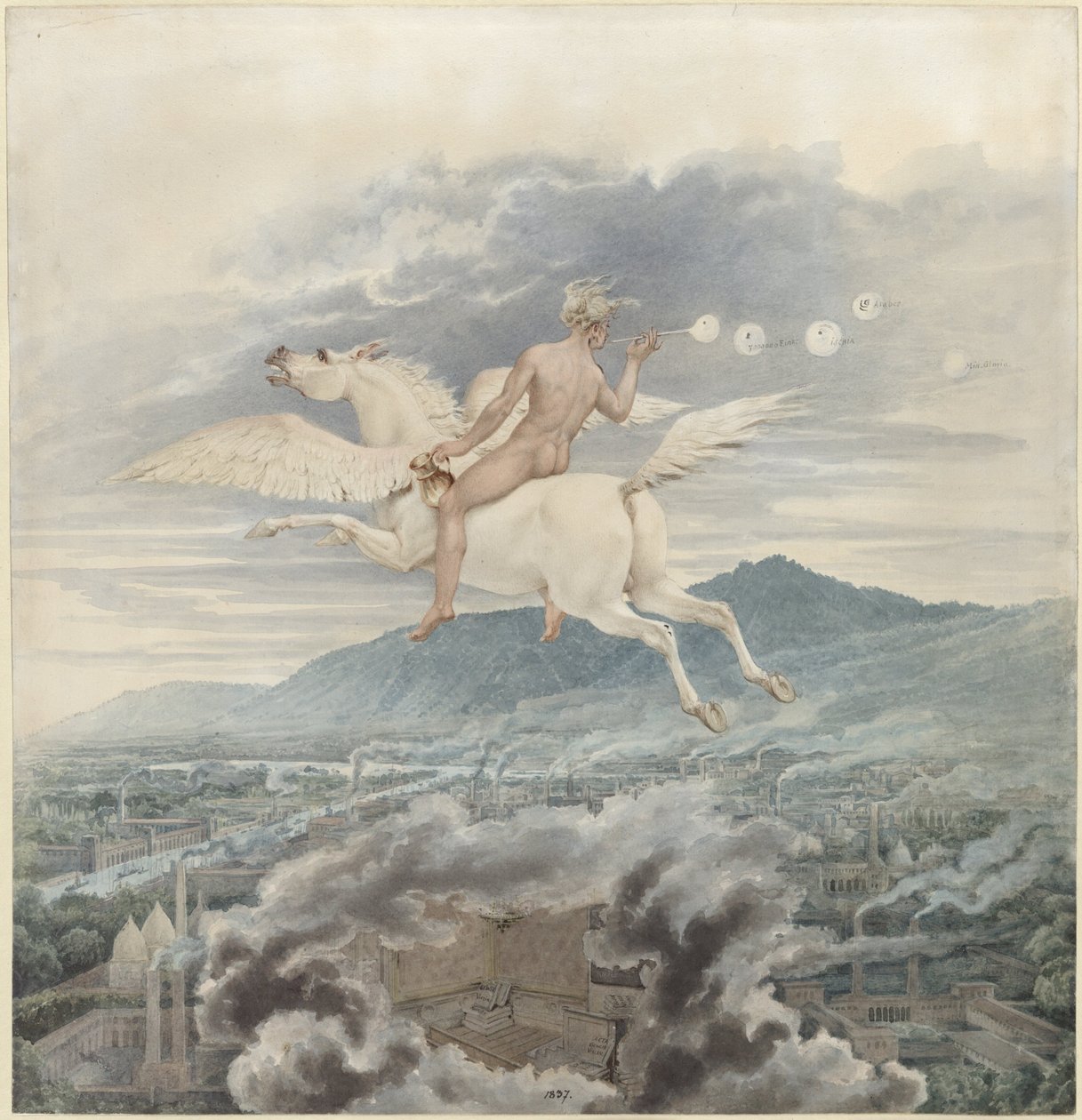 Karl Friedrich Schinkel - Figura femminile che soffia bolle di sapone, come allegoria di Christian Peter Wilhelm Beuth, in sella a Pegaso sopra una città industriale - 1837 da Karl Friedrich Schinkel