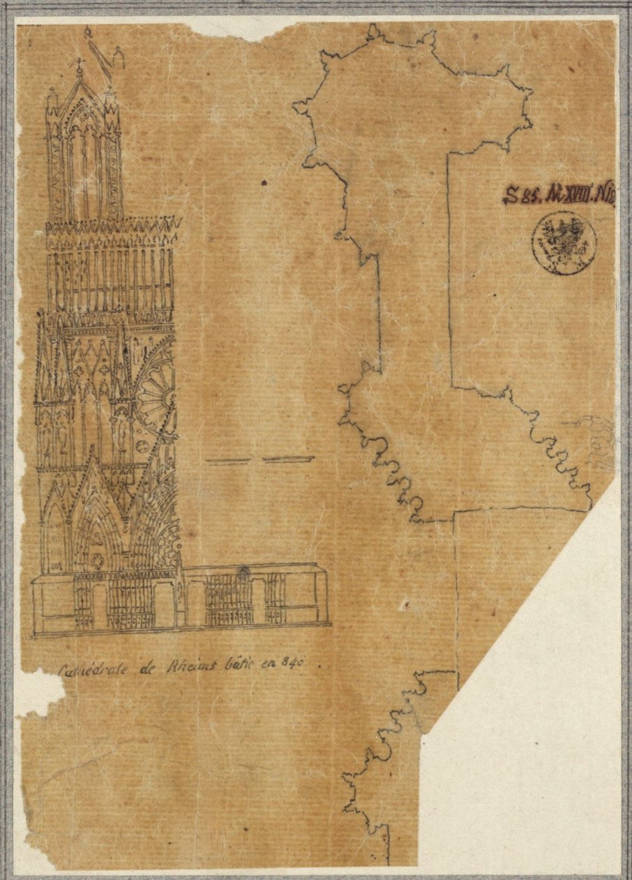 Kathedrale von Reims. Teilansicht der Westfassade und Grundriss da Karl Friedrich Schinkel
