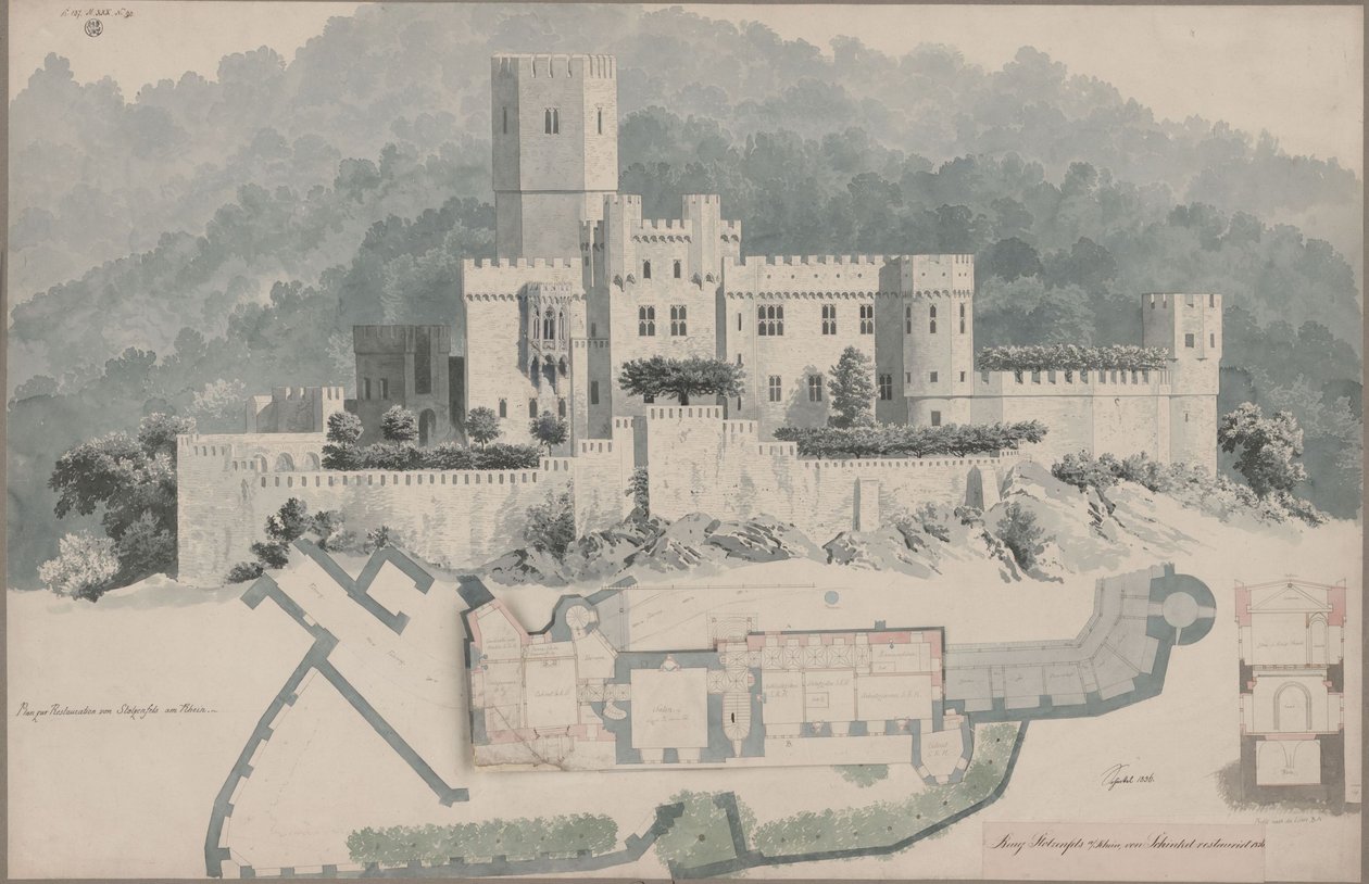 Coblenza. Rovine di Stolzenfels. Pianta del piano superiore e prospetto da Karl Friedrich Schinkel