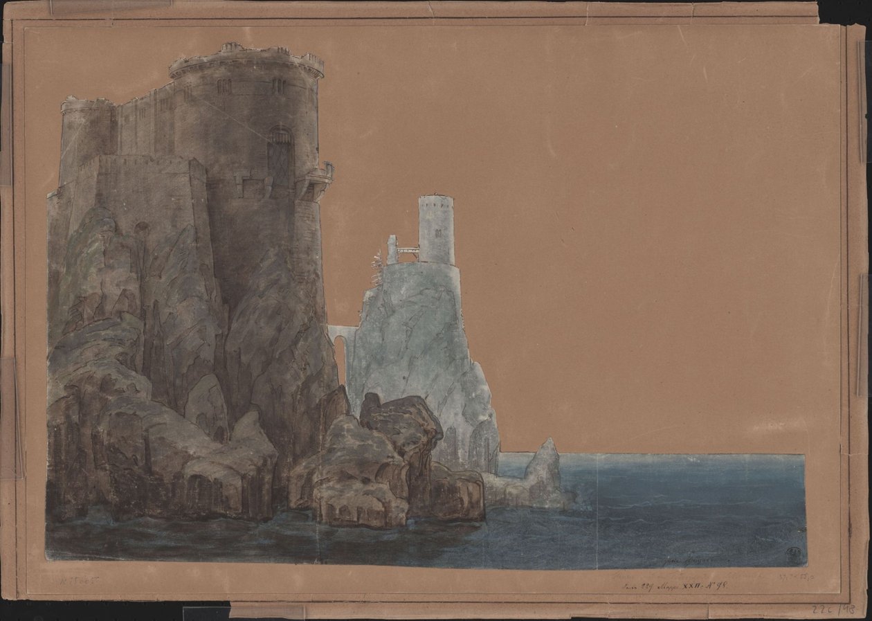 Re Yngurd. Tragedia di Adolf Müllner. Progetto per la 4a scenografia. Torre con la Porta della Morte sul mare da Karl Friedrich Schinkel