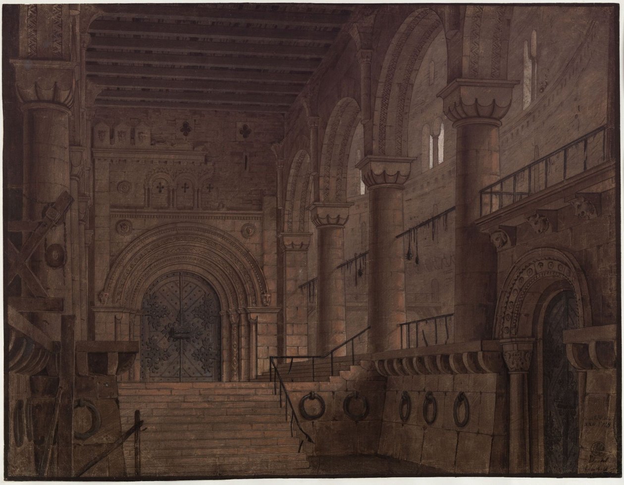 Re Yngurd. Tragedia di Adolf Müllner. Bozzetto per la quinta scenografia. Sala nella torre con la Porta della Morte da Karl Friedrich Schinkel