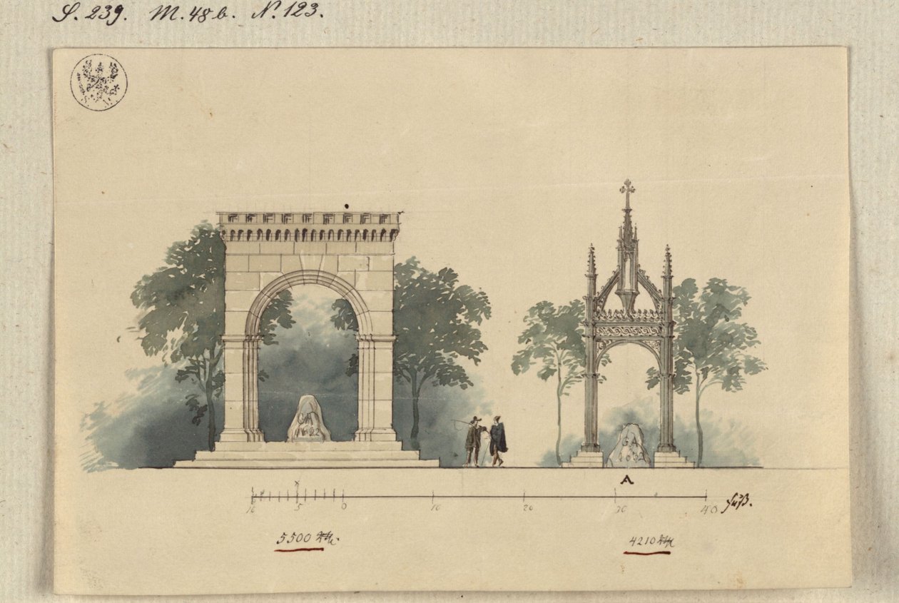 Lützen. Progetto per un monumento al re Gustavo II Adolfo di Svezia come sala porticata aperta su quattro lati e come tabernacolo sopra la Pietra svedese da Karl Friedrich Schinkel