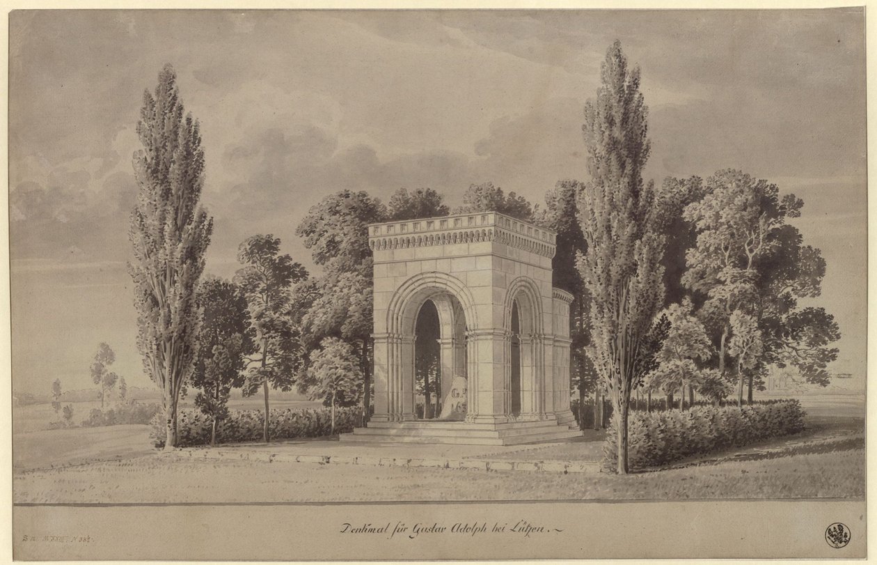 Lützen. Progetto per un monumento al re Gustavo II Adolfo di Svezia in forma di sala romanica sopra la Pietra svedese con abside aggiunta. Veduta da Karl Friedrich Schinkel