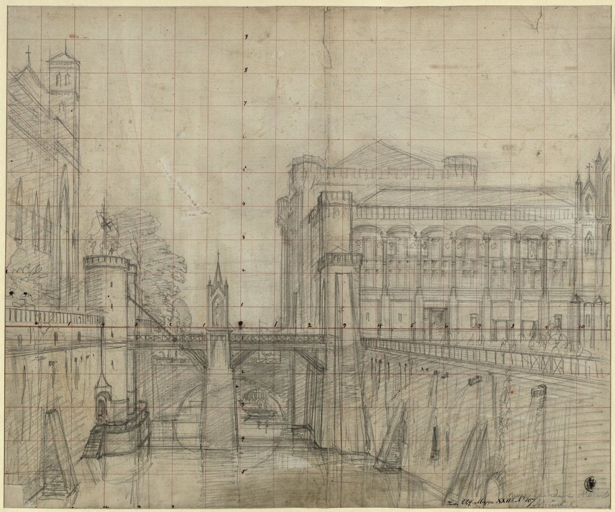 Malbork presso Danzica. Il castello di Malbork. Veduta del fossato e della facciata sul cortile del palazzo del Gran Maestro da Karl Friedrich Schinkel
