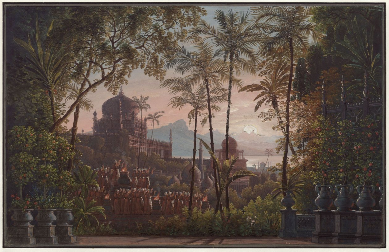 Nurmahal, ovvero La festa delle rose del Kashmir. Opera di Gaspare Spontini. Bozzetto per la prima scenografia. Giardino del palazzo con vista sul Kashmir da Karl Friedrich Schinkel